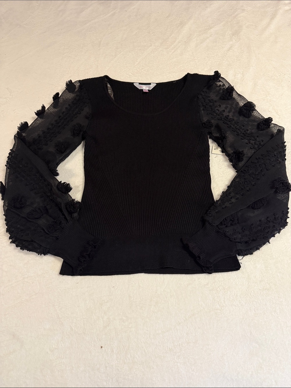 No Boundaries Black Sheer Puff-Sleeve Crewneck Sweater with Tassel Detail